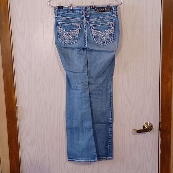 LA Idol USA Jeans, Size 5, Low-Rise, Boot Cut, 30W x 30L, Bedazzled - Picture 2 of 12